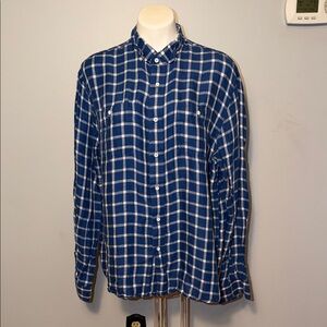 Johnnie-O Hangin Out Mens blue plaid long sleeve linen blend button down shirt.